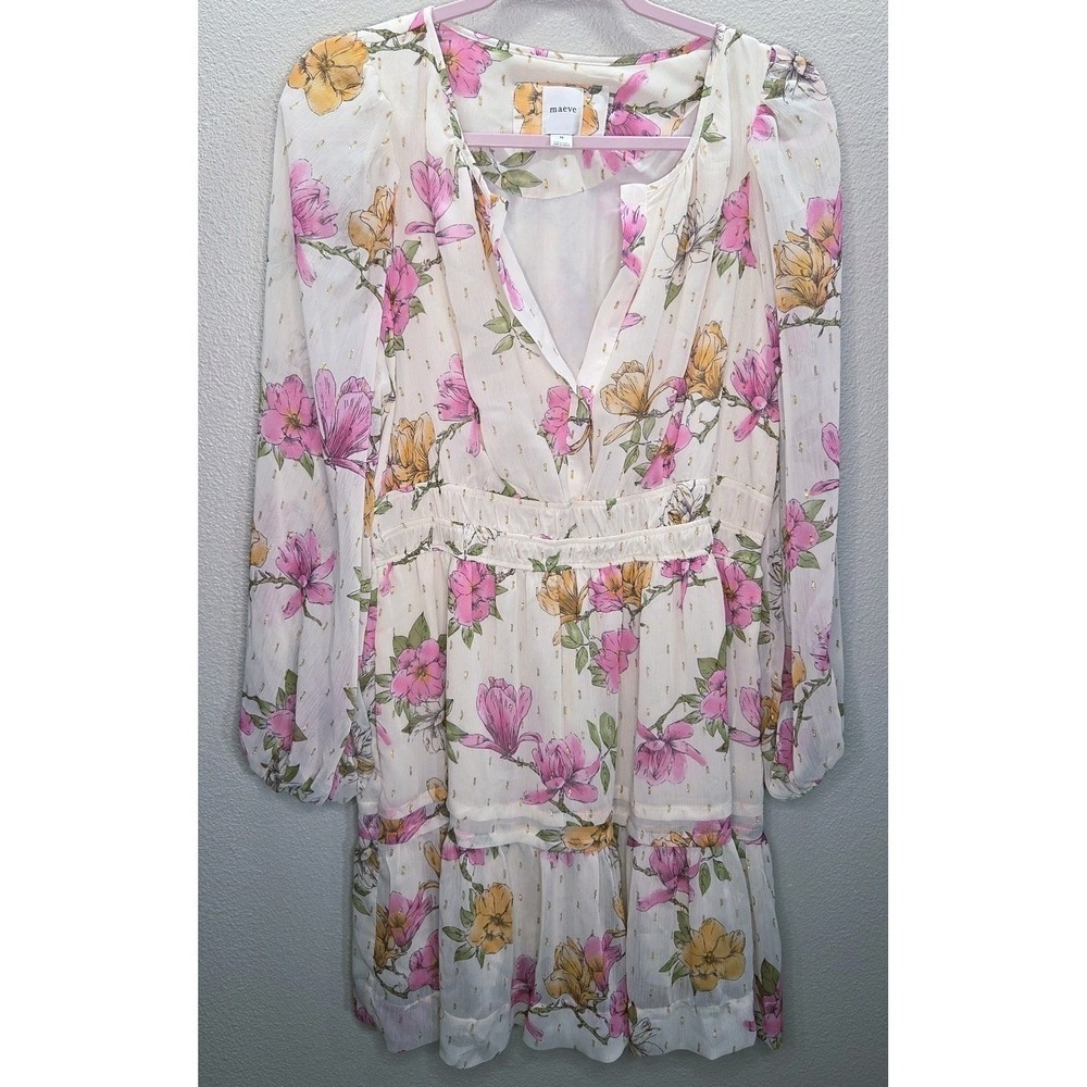 Maeve Anthropologie Floral Mini Dress Sheer Gold Clip Dot Boho Romantic Size M
